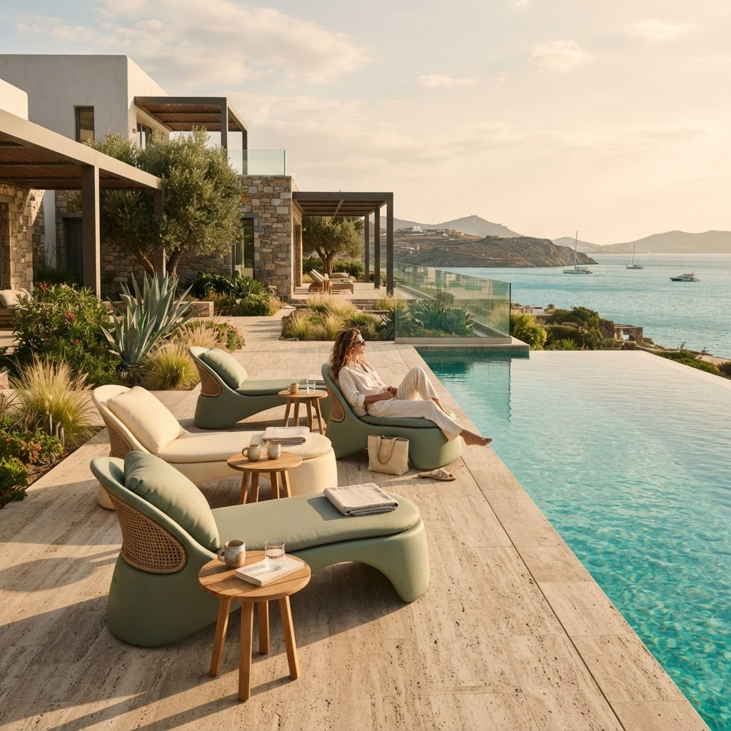Modern molded outdoor lounge chairs beside a turquoise pool at golden hour
